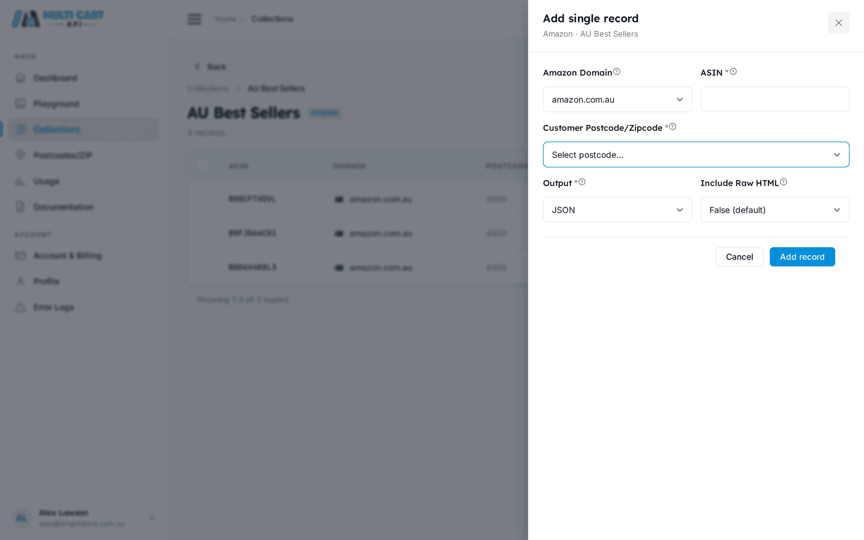 Add single record drawer open showing Domain, ASIN, Customer Postcode, Output, and Include Raw HTML fields