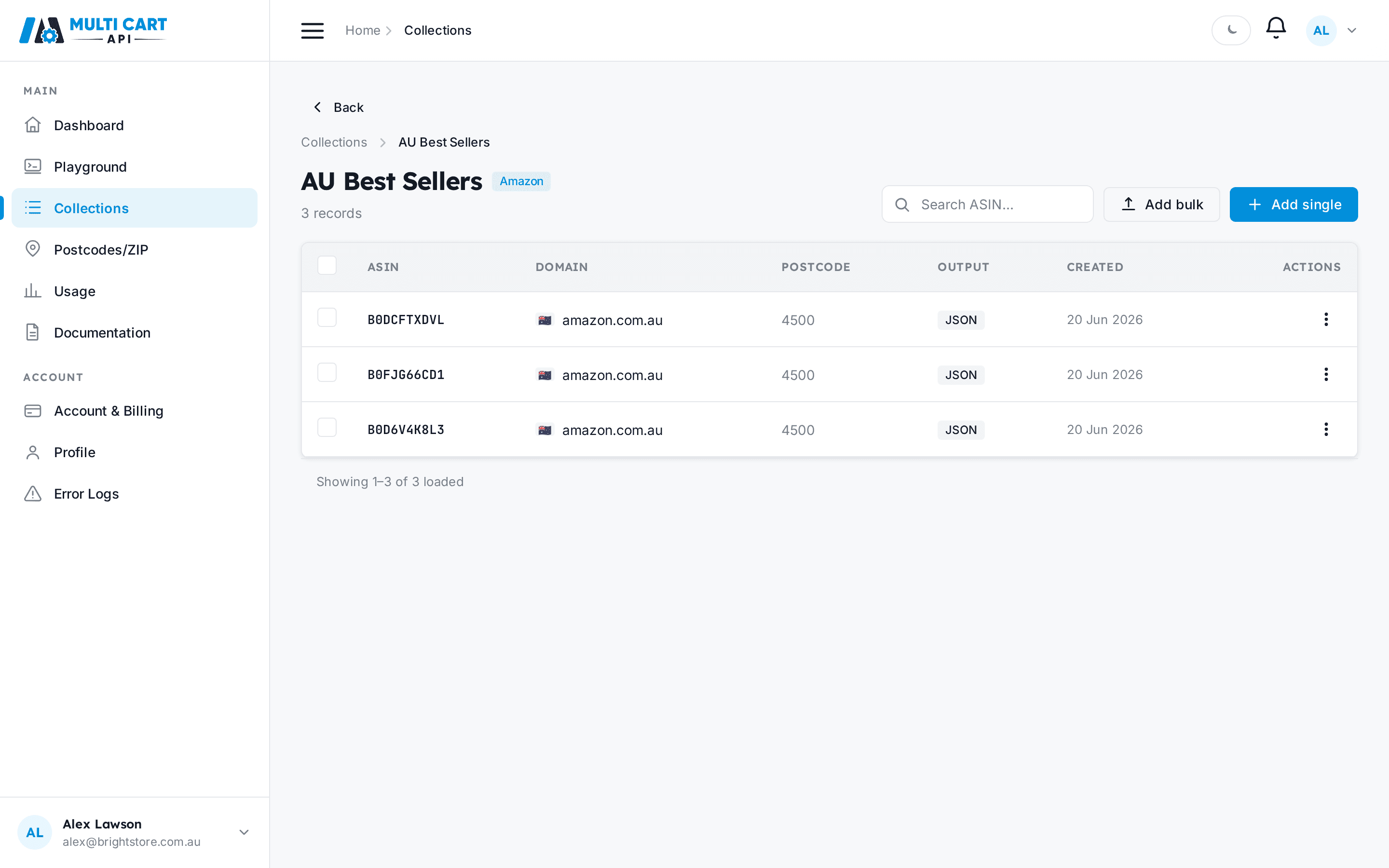 Collection records page header showing collection name badge, record count, and Add single / Add bulk buttons
