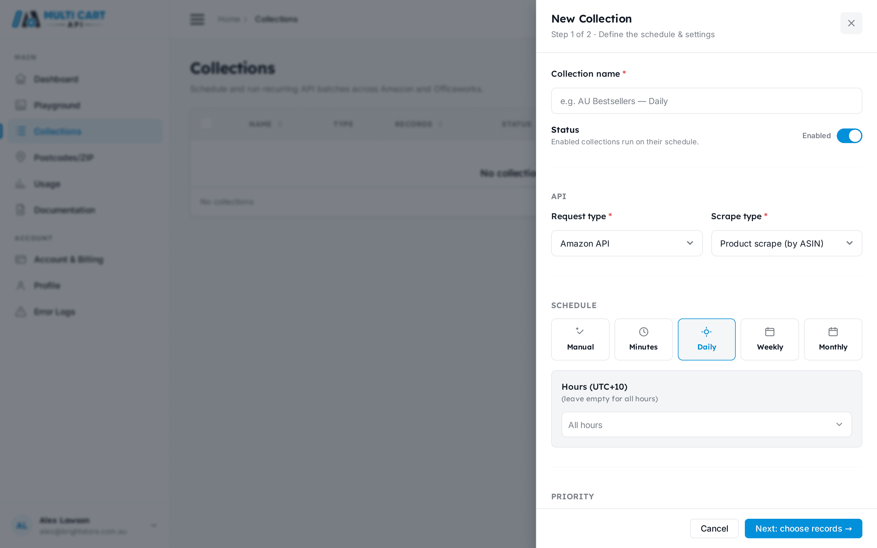 Add Collection drawer with Request type set to Amazon API and Scrape type set to Product scrape (by ASIN)
