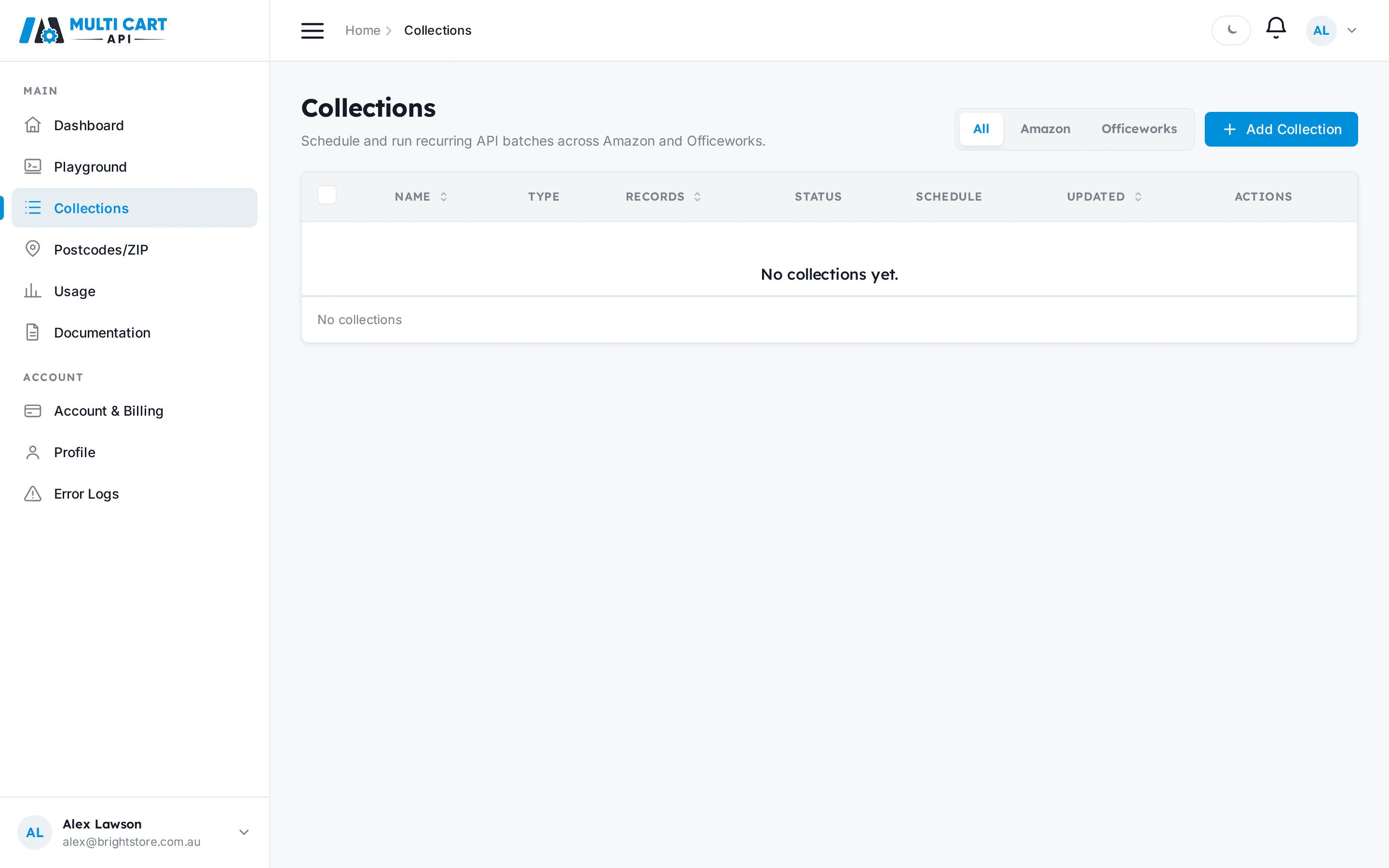 Collections page with no collections yet and an Add Collection button in the top right