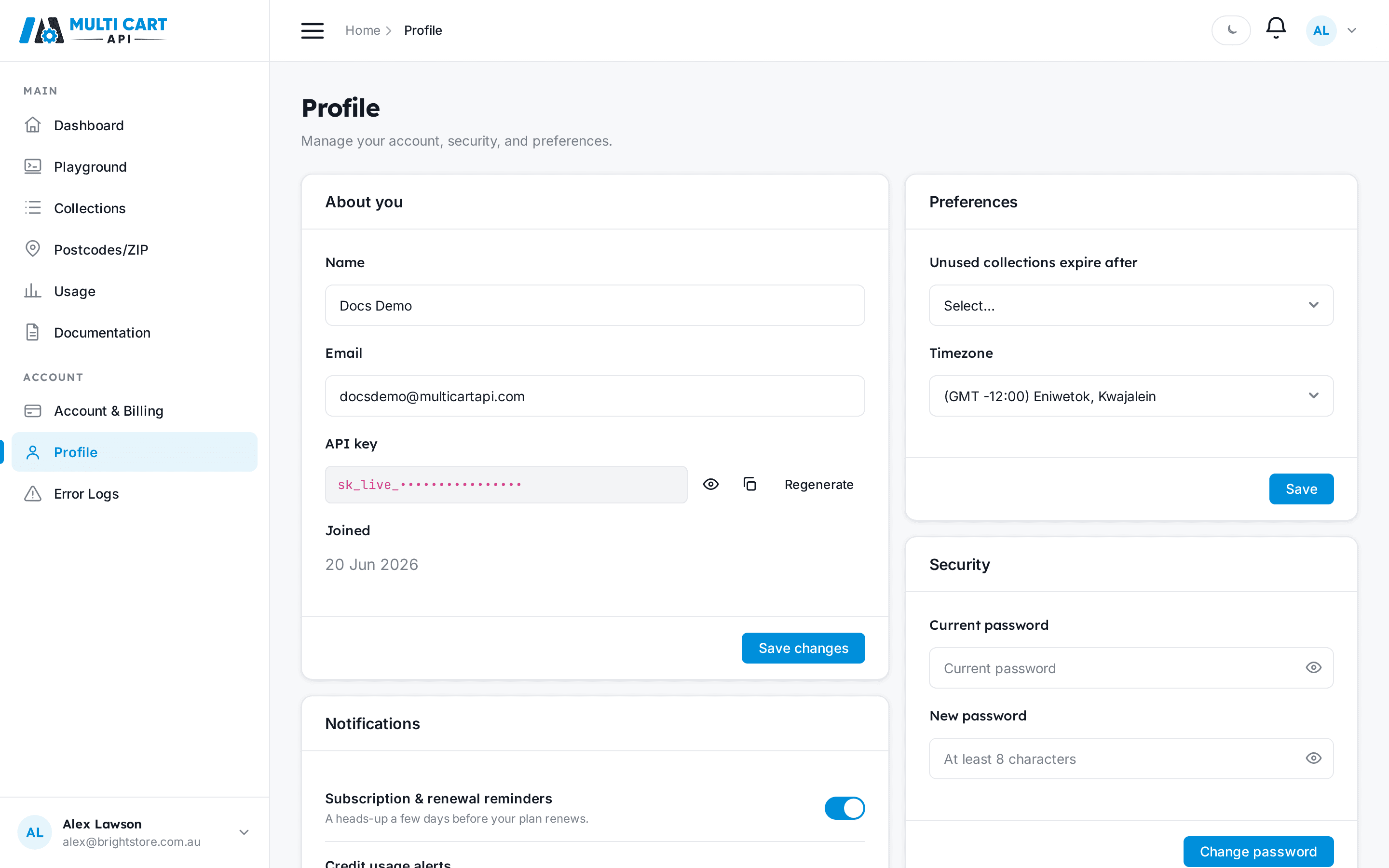 Profile page showing the API key field with the value masked
