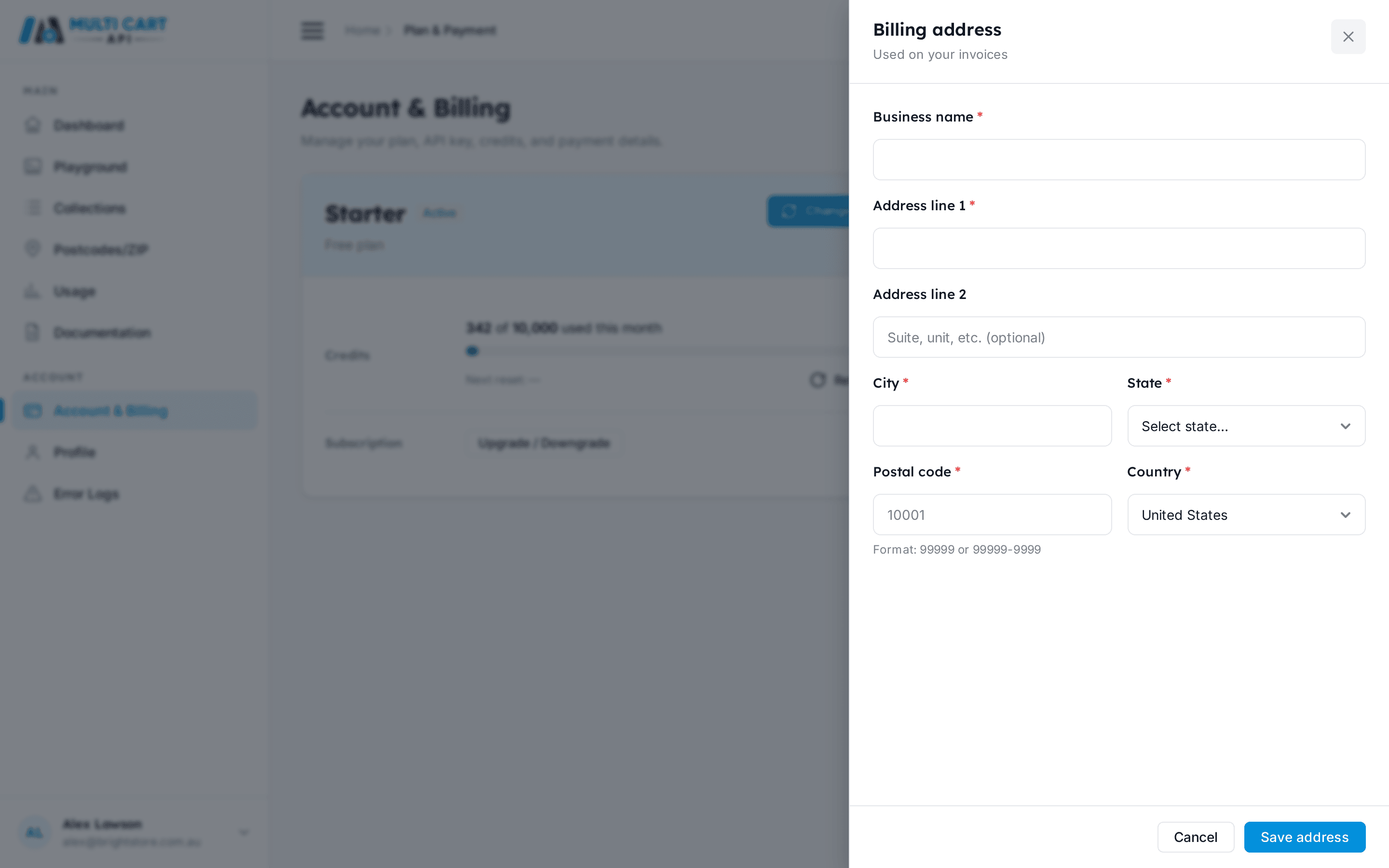 Billing address edit drawer with name, company, address, city, state, postcode, country, and tax ID fields