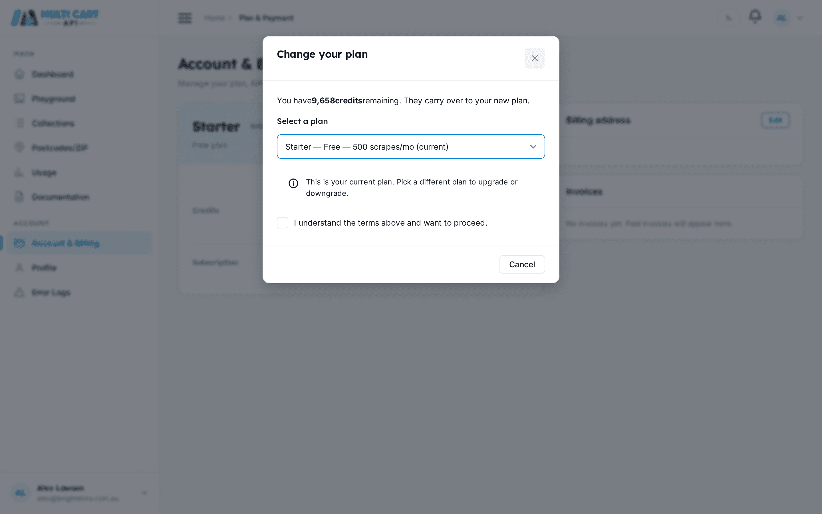Change Plan modal showing all available plans with prices and quotas, the current plan highlighted