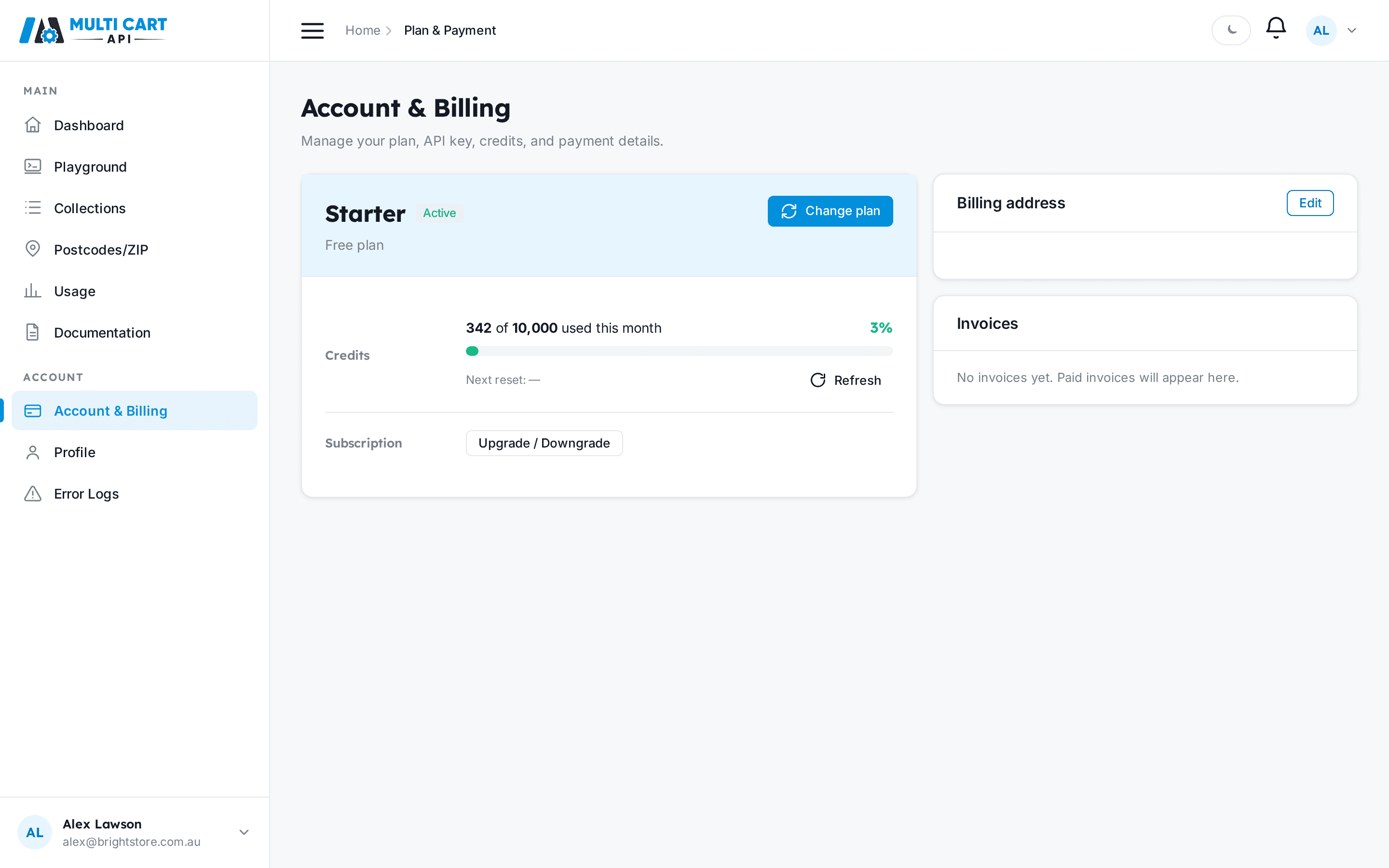 Account & Billing overview showing the current plan name, price, and a credit progress bar
