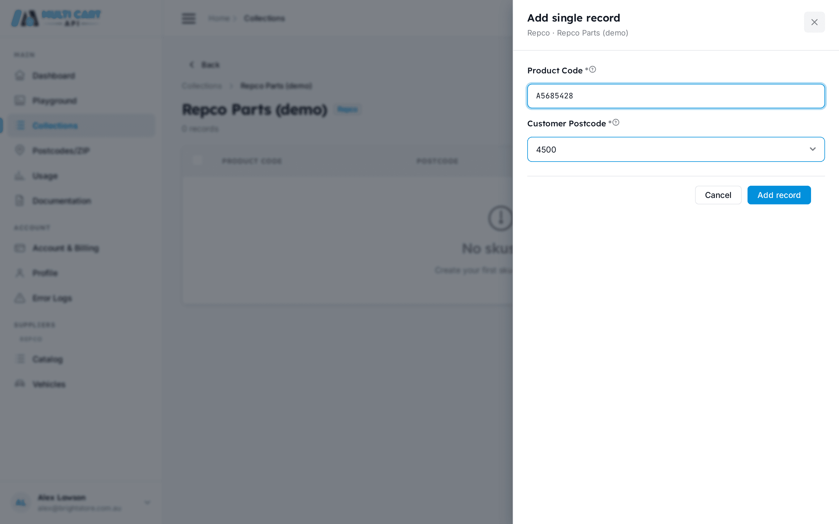 Add Repco part modal showing fields for product code and customer postcode — no store field
