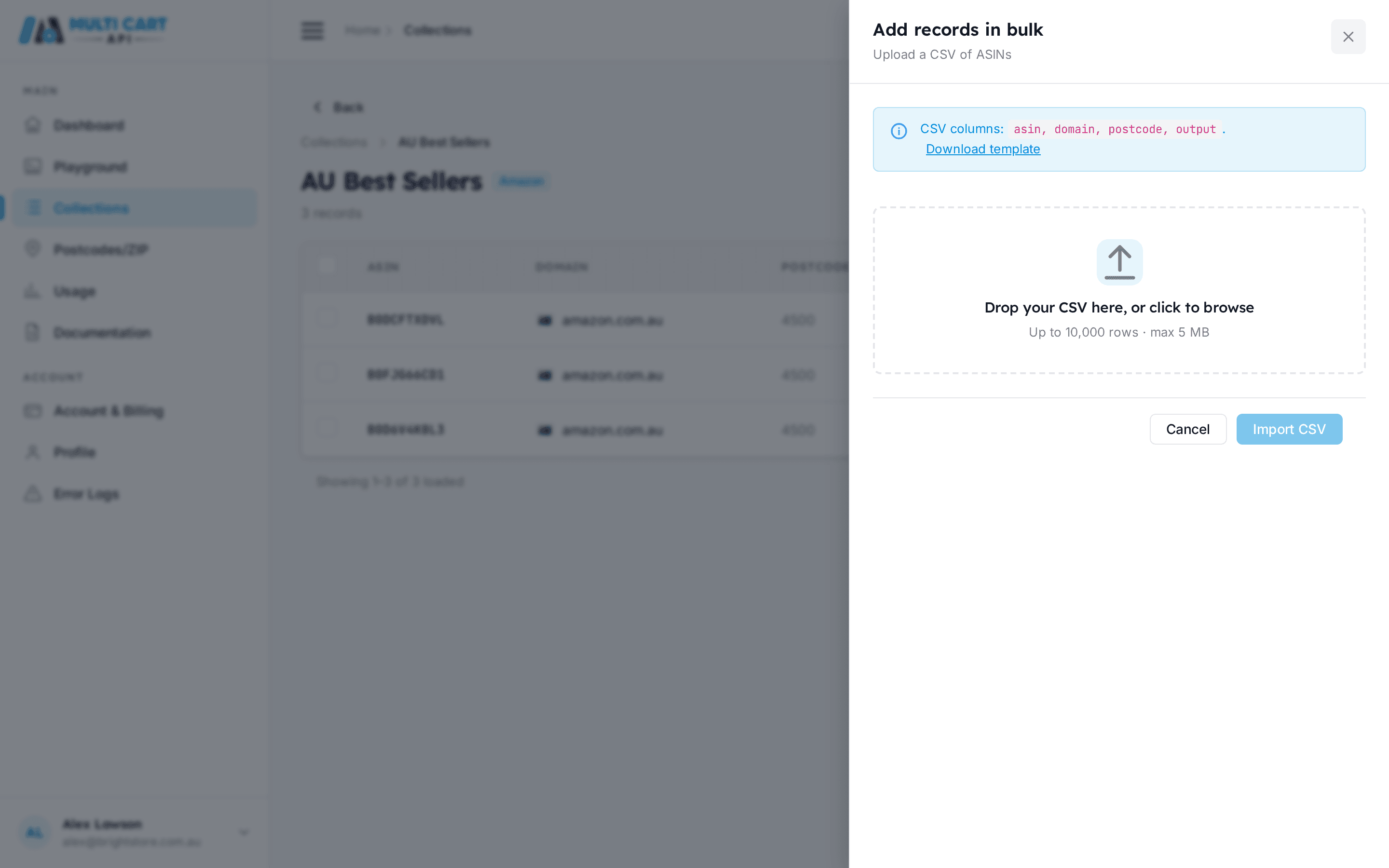 Amazon collection page with the bulk import drawer open