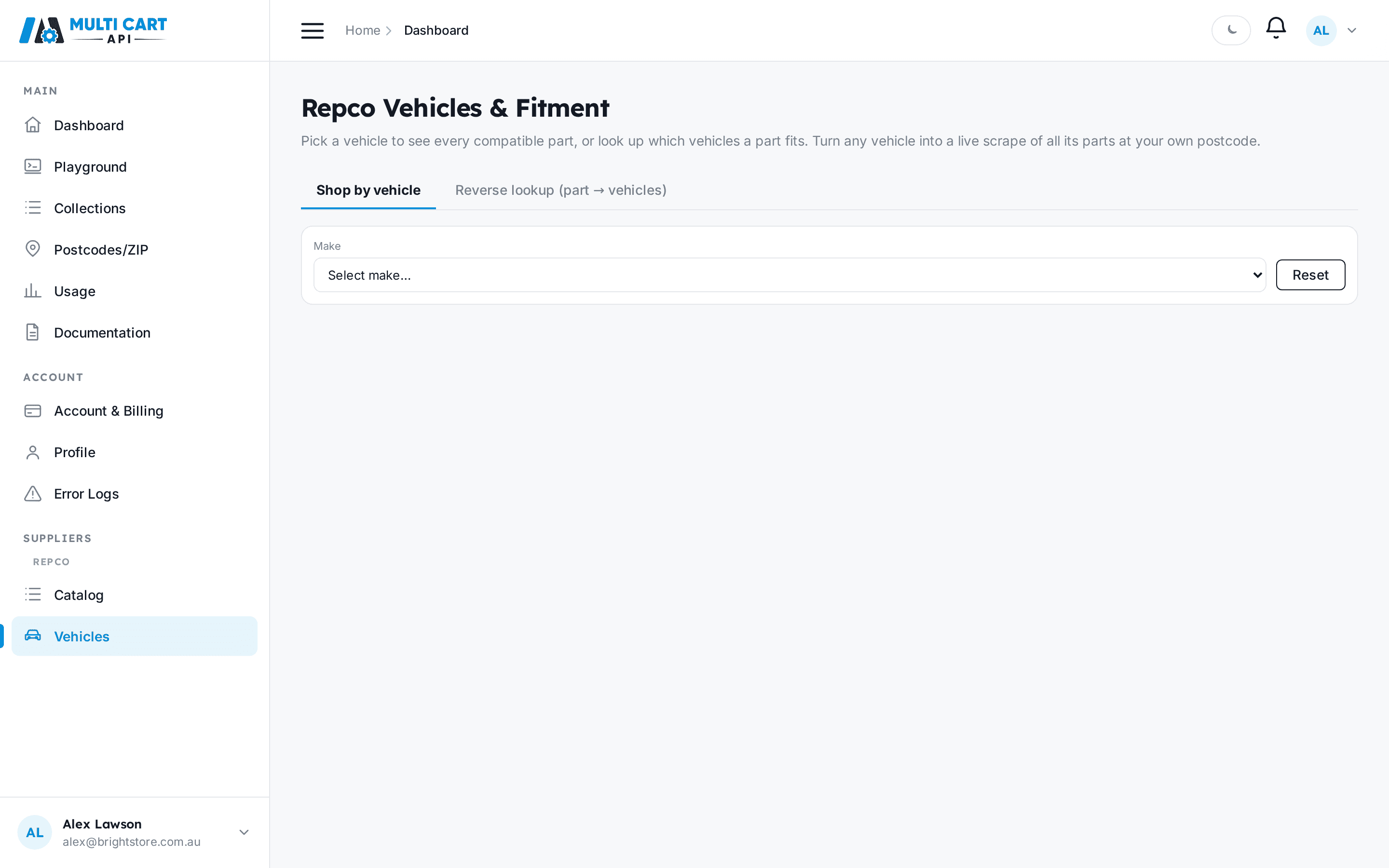 Repco Vehicles page with a make-to-variant cascade and a table of compatible parts